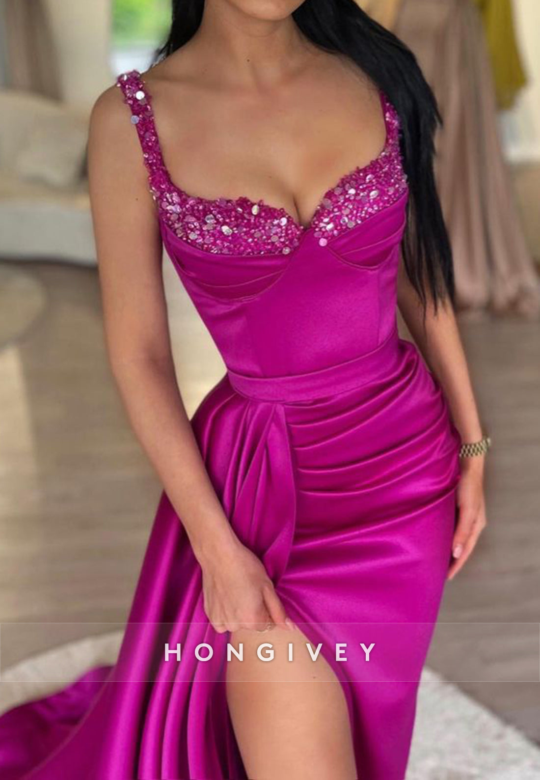 L1333 - Sexy Satin Sweetheart Spaghetti Straps Sequined Ruched Embellished With Train Party Prom Evening Dress - Fashionpara
