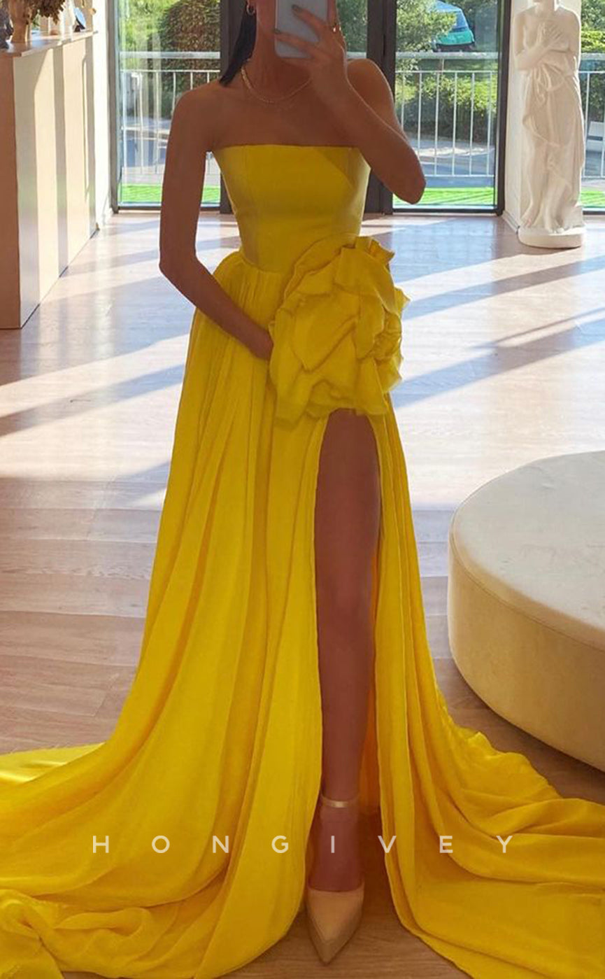 L1334 - Elegant & Luxurious Strapless Strapless Floral Embossed With Side Slit And Train Party Prom Evening Dress - Fashionpara