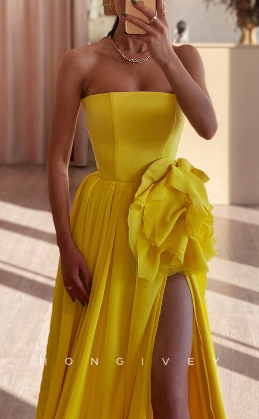 L1334 - Elegant & Luxurious Strapless Strapless Floral Embossed With Side Slit And Train Party Prom Evening Dress - Fashionpara