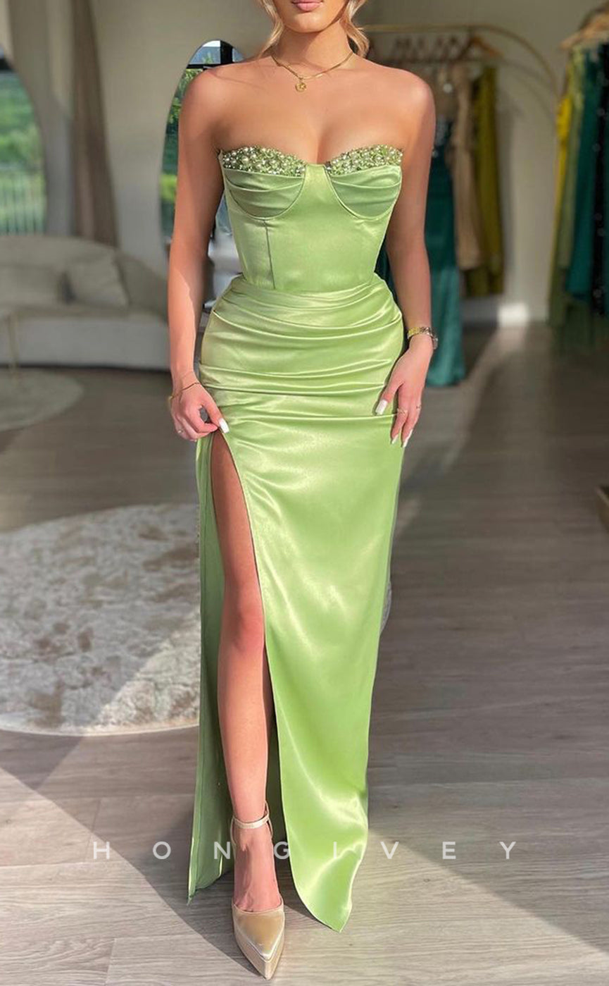 L1337 - Sexy Satin Sweetheart Strapless With Side Slit Party Prom Evening Dress - Fashionpara