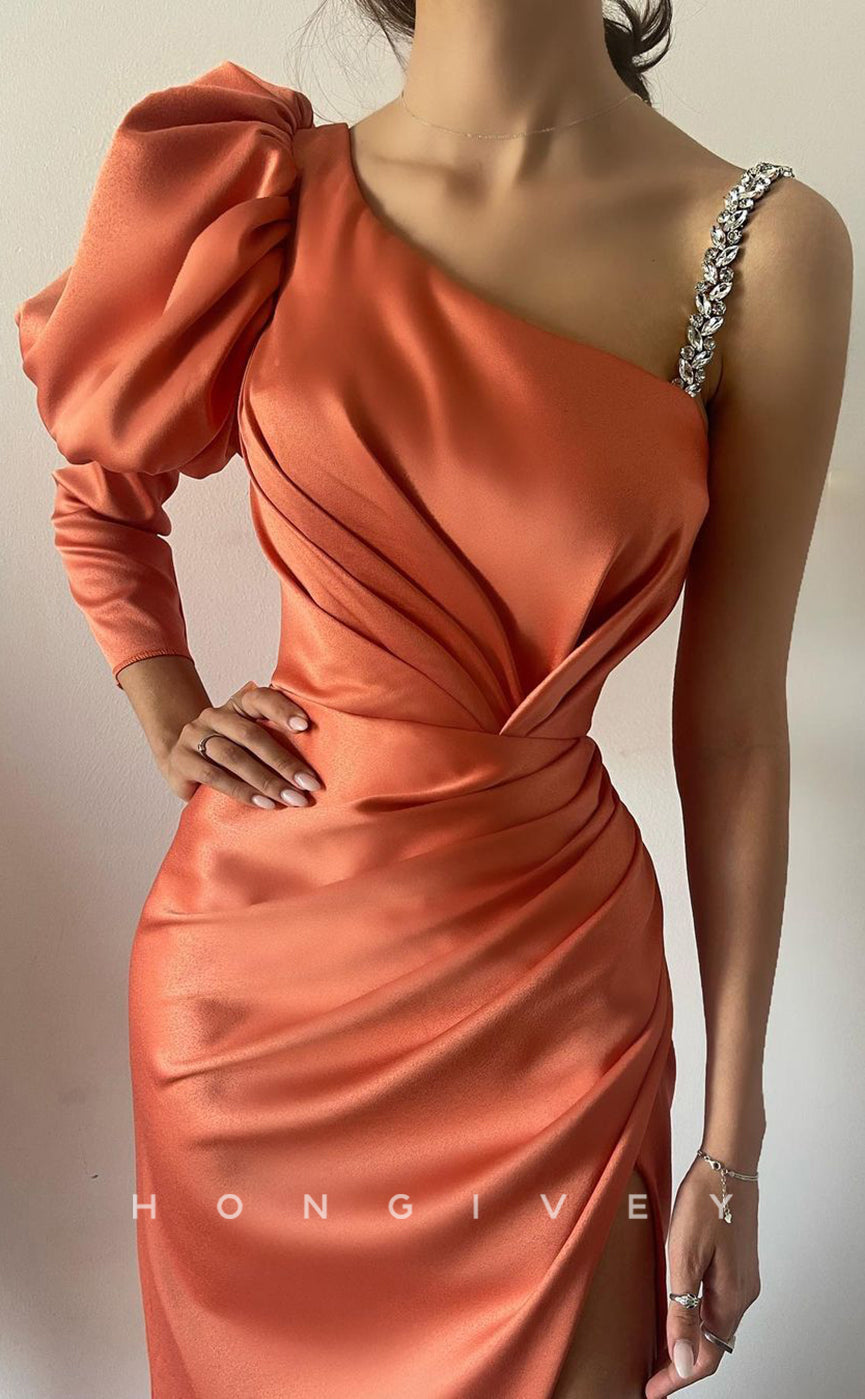 L1342 - Elegant & Luxurious Asymmetrical Sleeves Ruched WIth Said Slit  Party Prom Evening Dress - Fashionpara