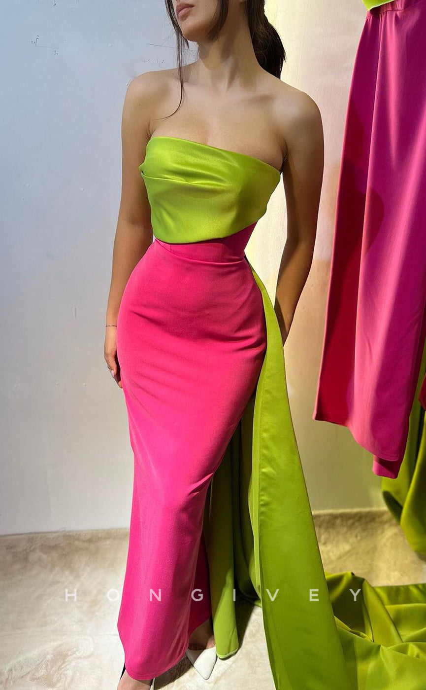 L1343 - Sexy Satin Strapless Strapless Two Tone Empire With Train Party Prom Evening Dress - Fashionpara