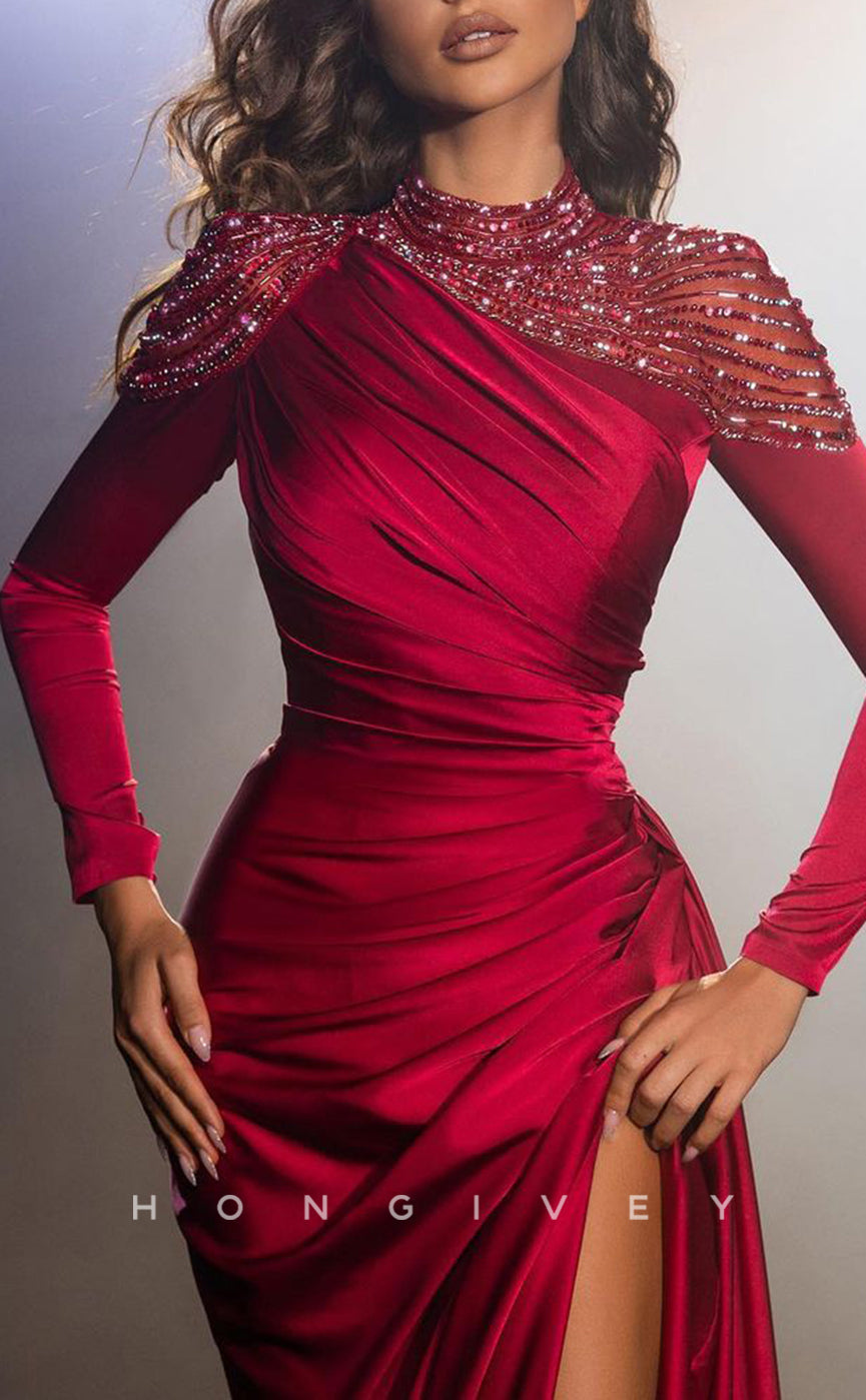 L1349 - Classic & Timeless Red High Neck Long Sleeve With Side Slit Party Prom Evening Dress - Fashionpara