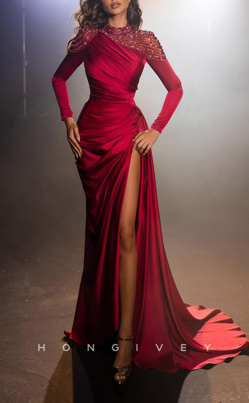 L1349 - Classic & Timeless Red High Neck Long Sleeve With Side Slit Party Prom Evening Dress - Fashionpara