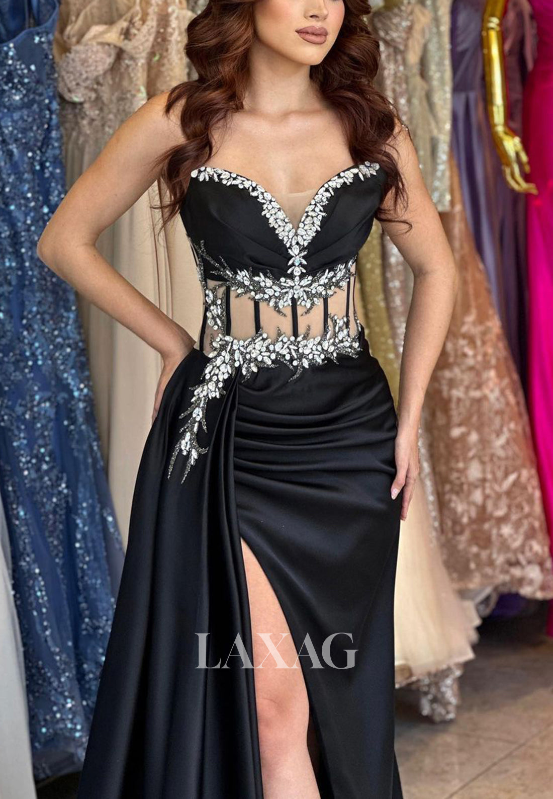 22294 - Spaghetti Straps illusion Beaded Draped Sleek Satin High Slit Prom Dress