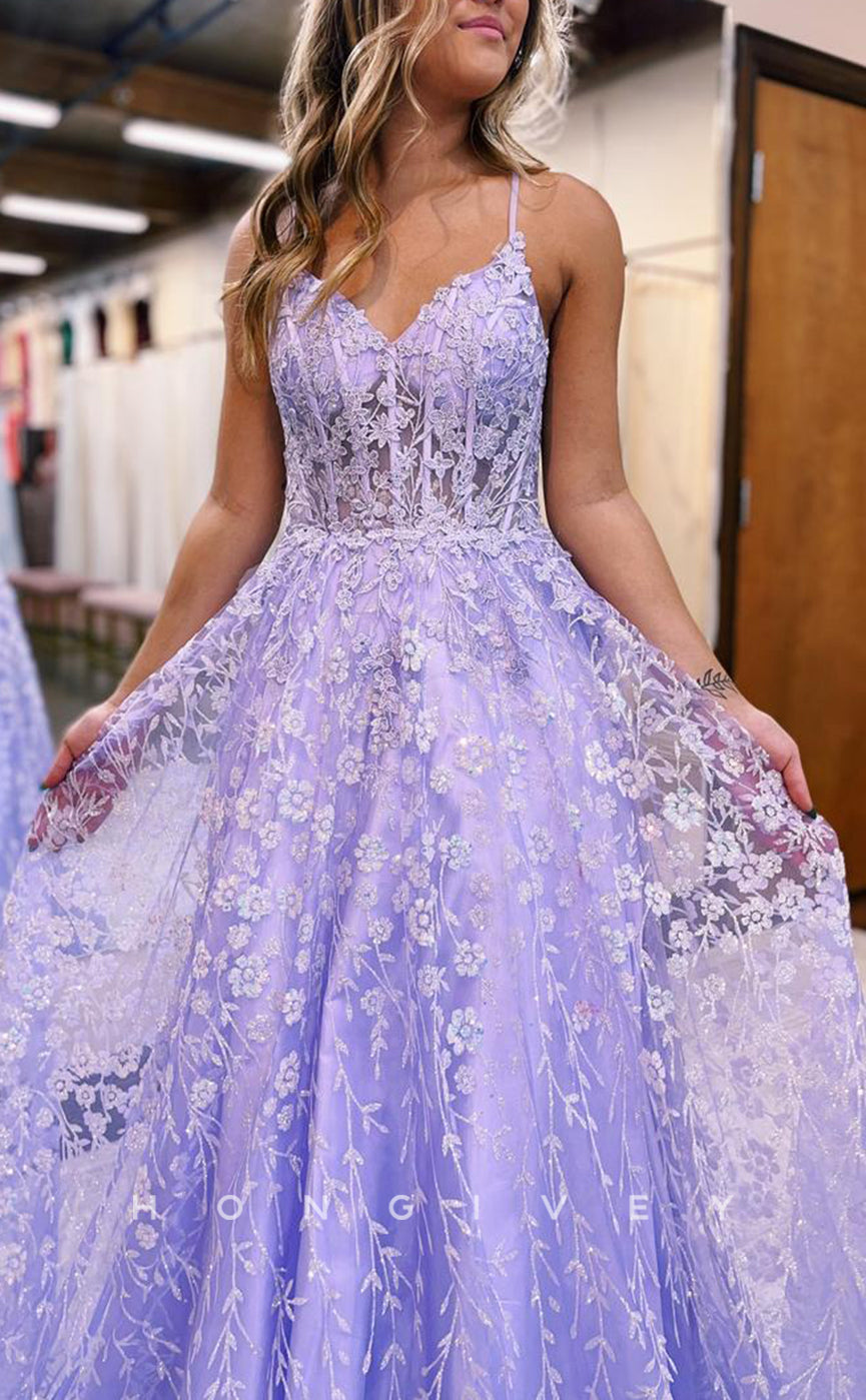 L1378 - Simple A-Line V-Nexk Spaghetti Straps Illusion Appliques Floor-Length Party Prom Evening Dress - Fashionpara