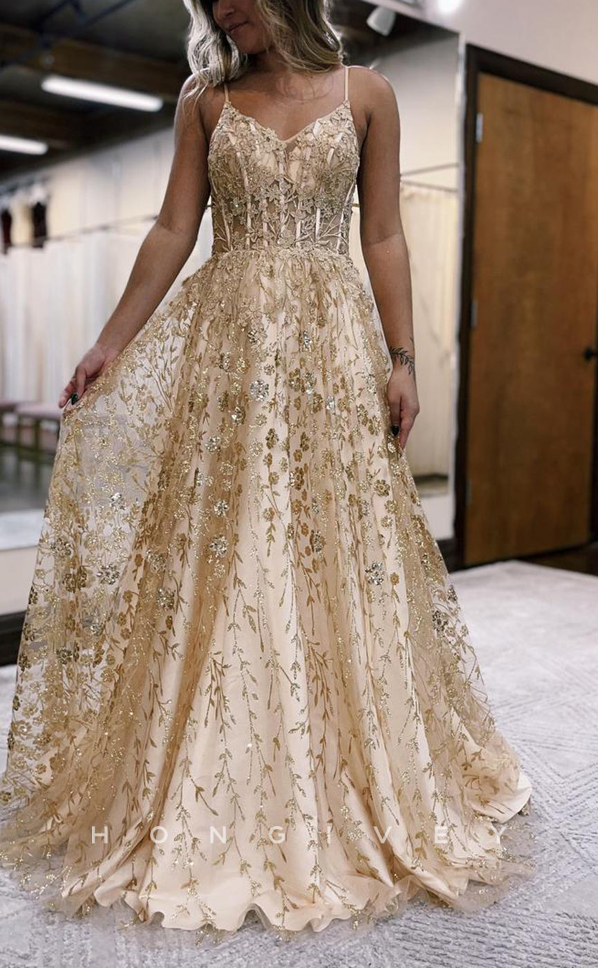 L1378 - Simple A-Line V-Nexk Spaghetti Straps Illusion Appliques Floor-Length Party Prom Evening Dress - Fashionpara