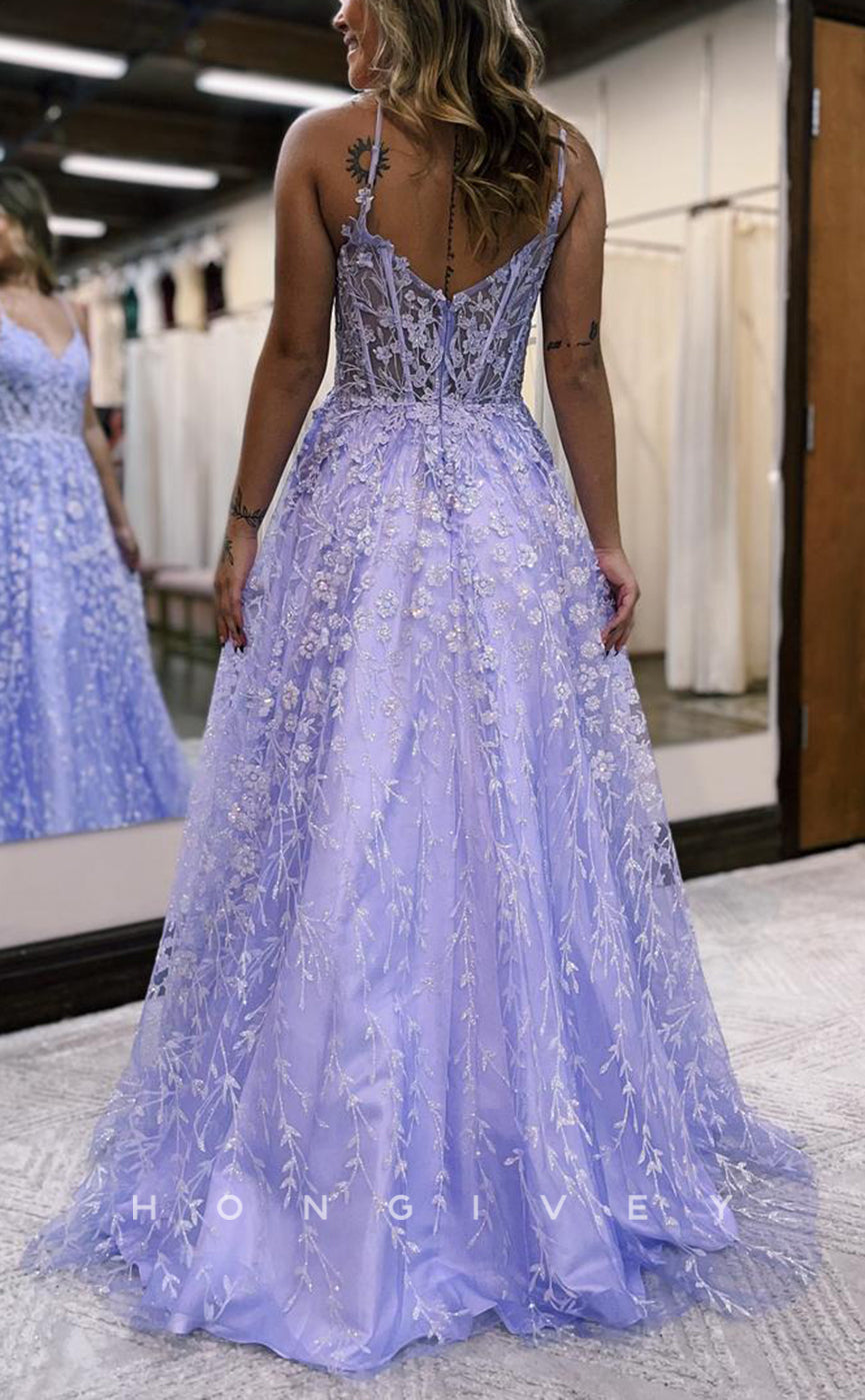 L1378 - Simple A-Line V-Nexk Spaghetti Straps Illusion Appliques Floor-Length Party Prom Evening Dress - Fashionpara