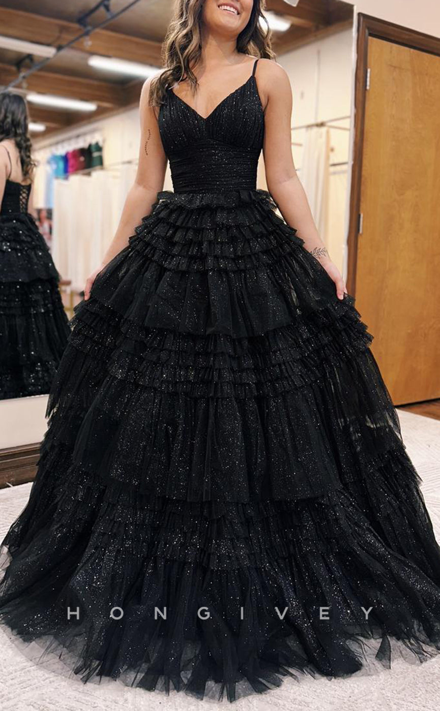 L1379 - Classic Black V-Neck Spaghetti Straps Empire Tiered Ball Gown Long Party Prom Evening Dress - Fashionpara