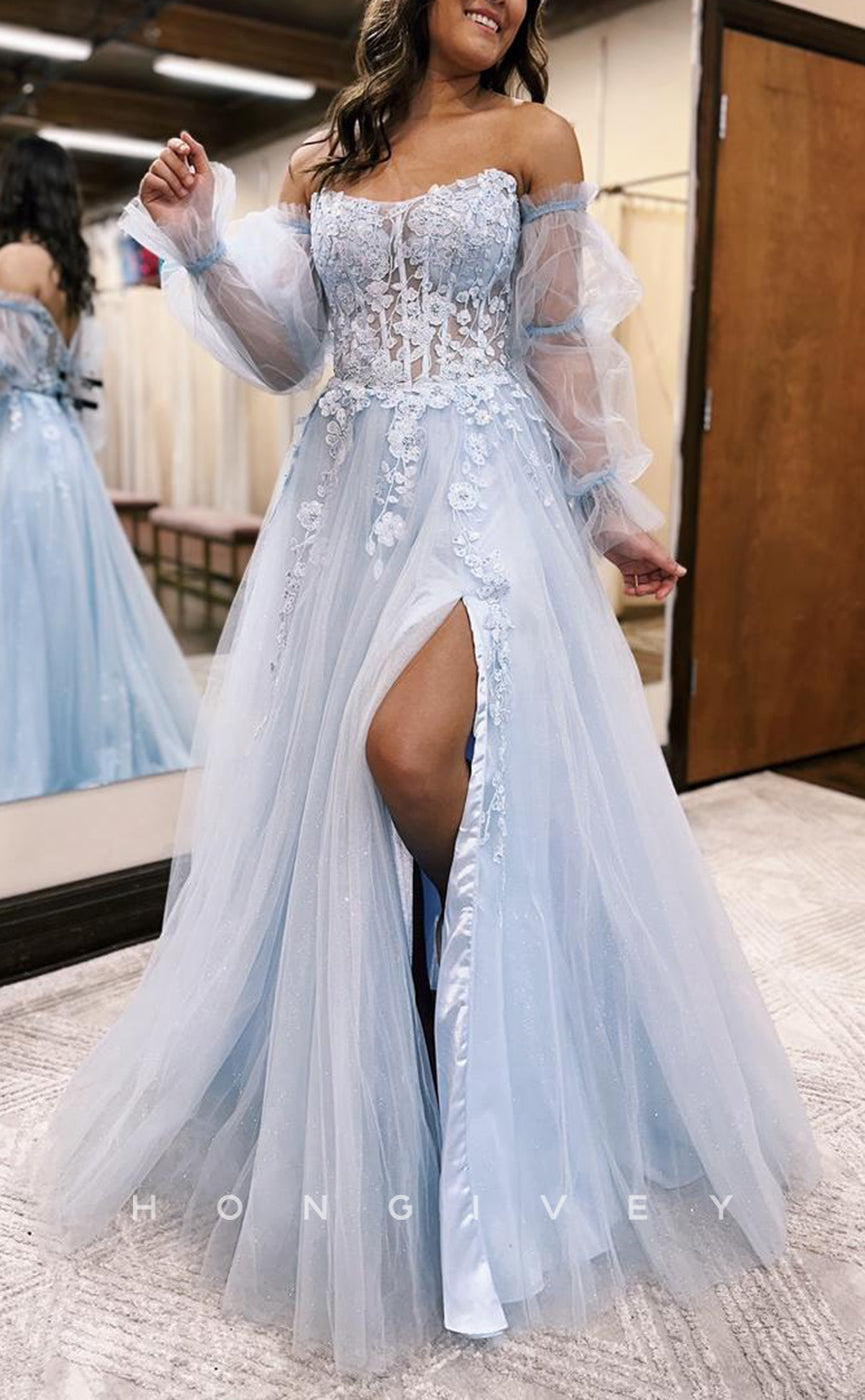 L1380 - Sexy Bateau Strapless Illusion Appliques Detachable Long Sleeves Party Prom Evening Dress - Fashionpara