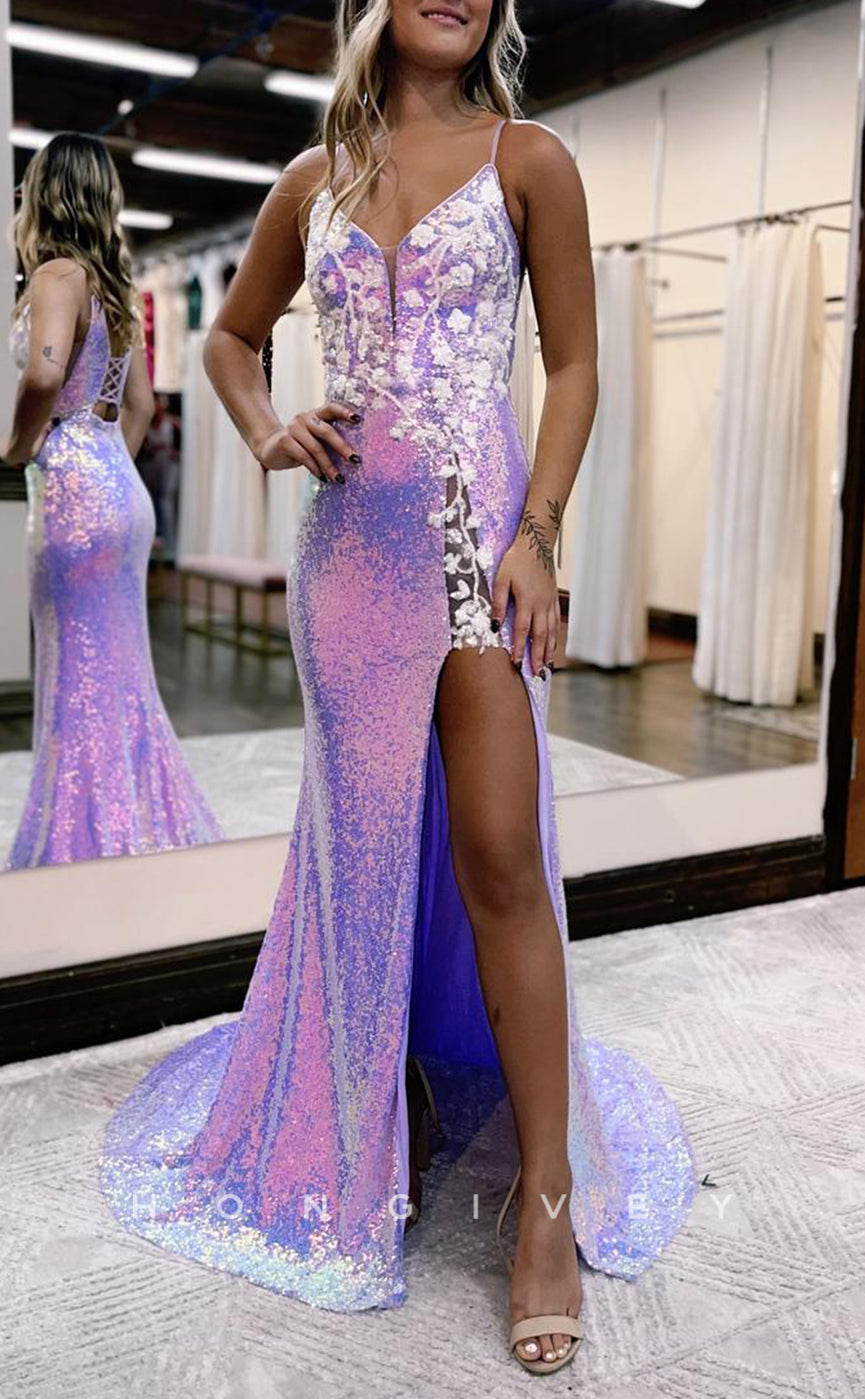 L1384 - Sexy Glitter V-Neck Spaghetti Straps Appliques Fully Sequined Party Prom Evening Dress - Fashionpara