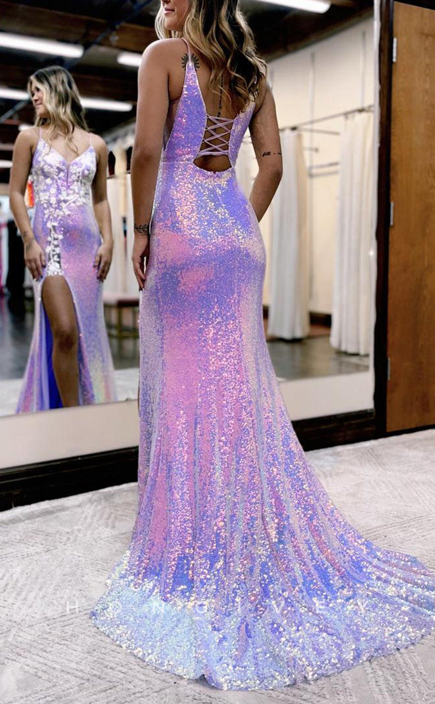 L1384 - Sexy Glitter V-Neck Spaghetti Straps Appliques Fully Sequined Party Prom Evening Dress - Fashionpara