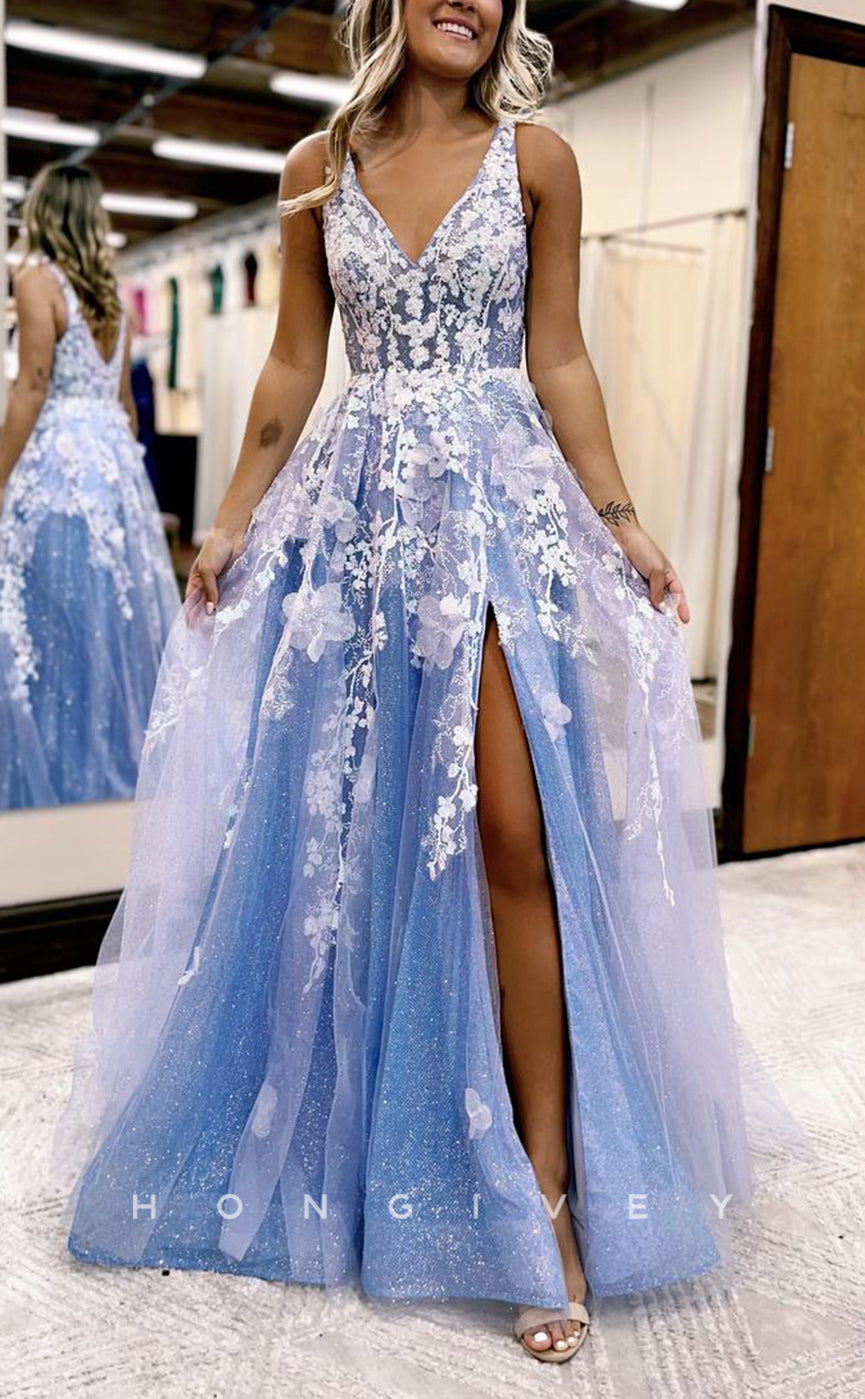 L1390 - Elegant A-Line Empire Spaghetti Straps Tulle Appliques Floor-Length Party Prom Evening Dress - Fashionpara