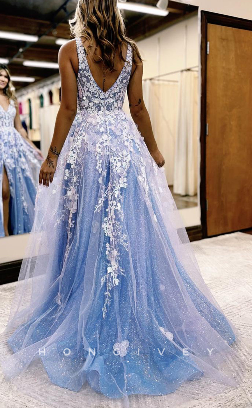 L1390 - Elegant A-Line Empire Spaghetti Straps Tulle Appliques Floor-Length Party Prom Evening Dress - Fashionpara