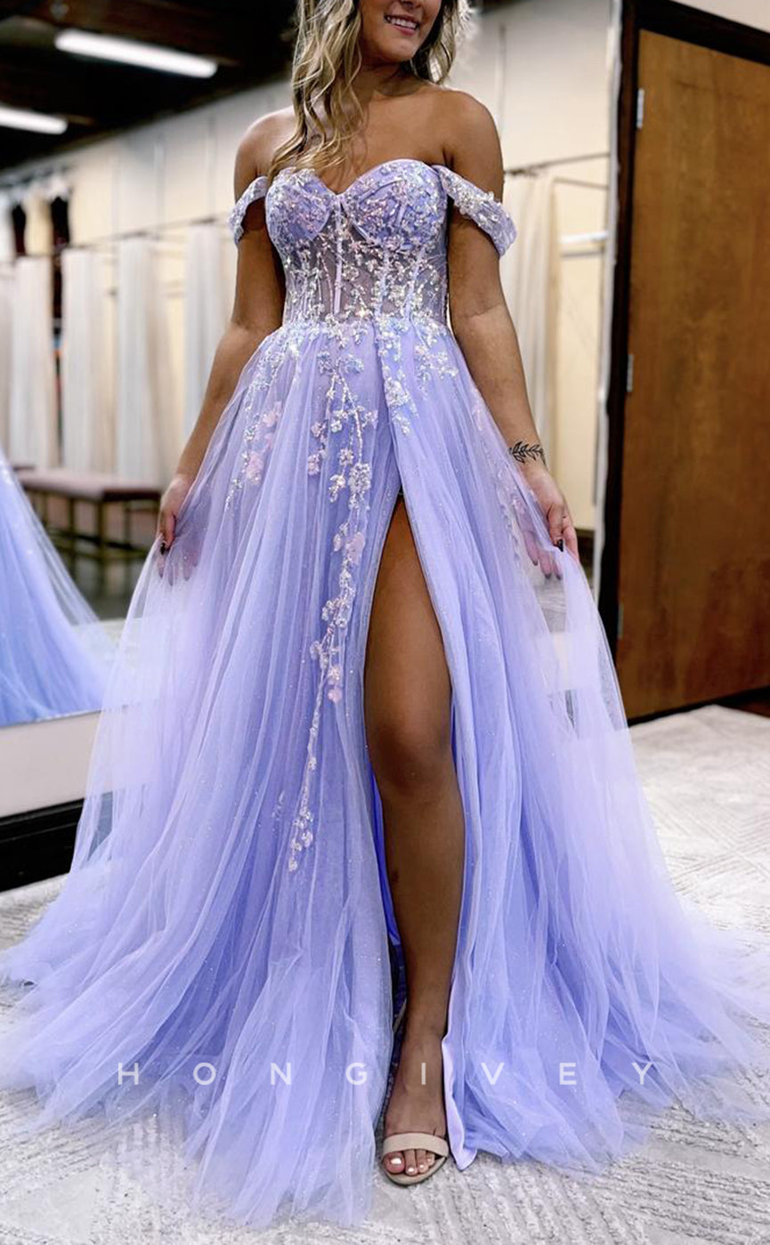 L1392 - Sexy A-Line Empire Illusion Off-Shoulder Appliques With Side Slit Party Prom Evening Dress - Fashionpara