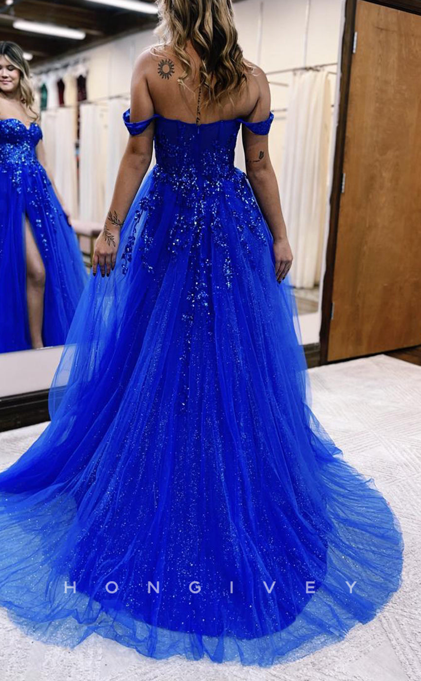 L1392 - Sexy A-Line Empire Illusion Off-Shoulder Appliques With Side Slit Party Prom Evening Dress - Fashionpara