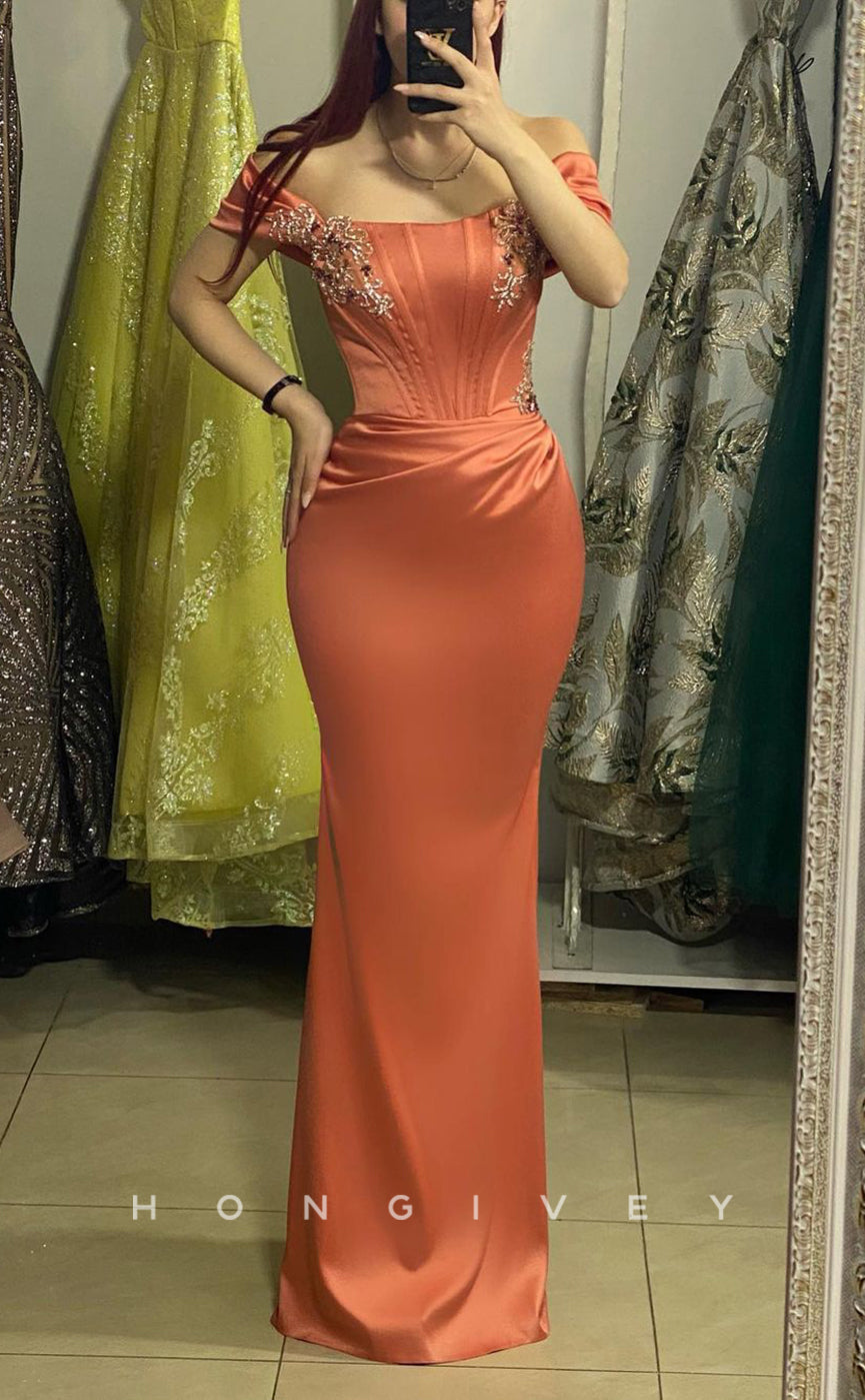 L1397 - Sexy Fitted Satin Off-Shoulder Appliques Ruched Floor-Length Party Prom Evening Dress - Fashionpara