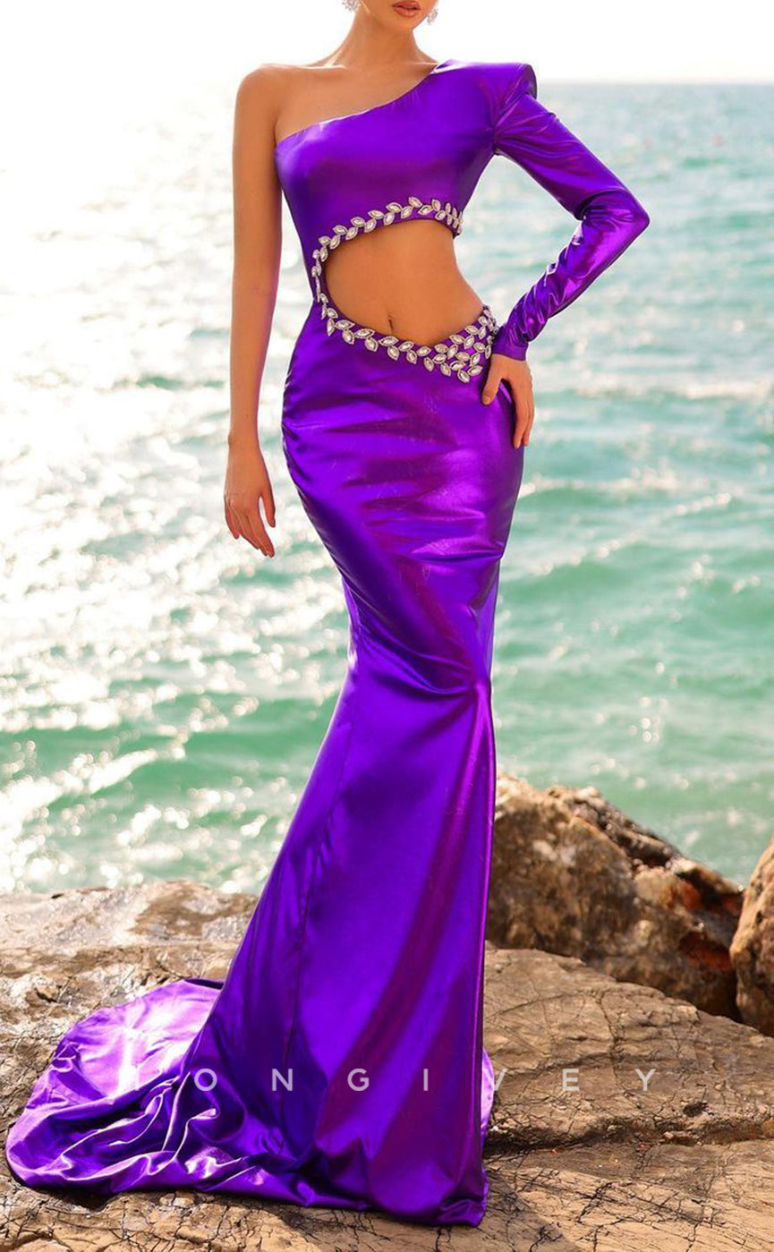 L1413 - Sexy Fitted One Shoulder Illusion With Train Party Prom Evening Dress - Fashionpara