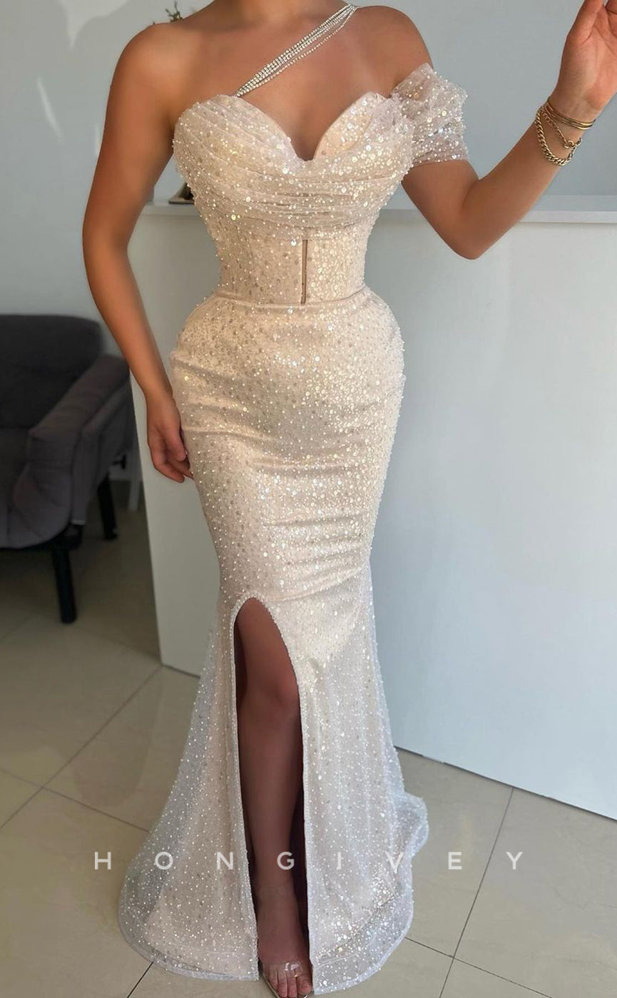 L1415 - Sexy Fitted Glitter Sweetheart Empire Floor-Length With Slit Party Prom Evening Dress - Fashionpara