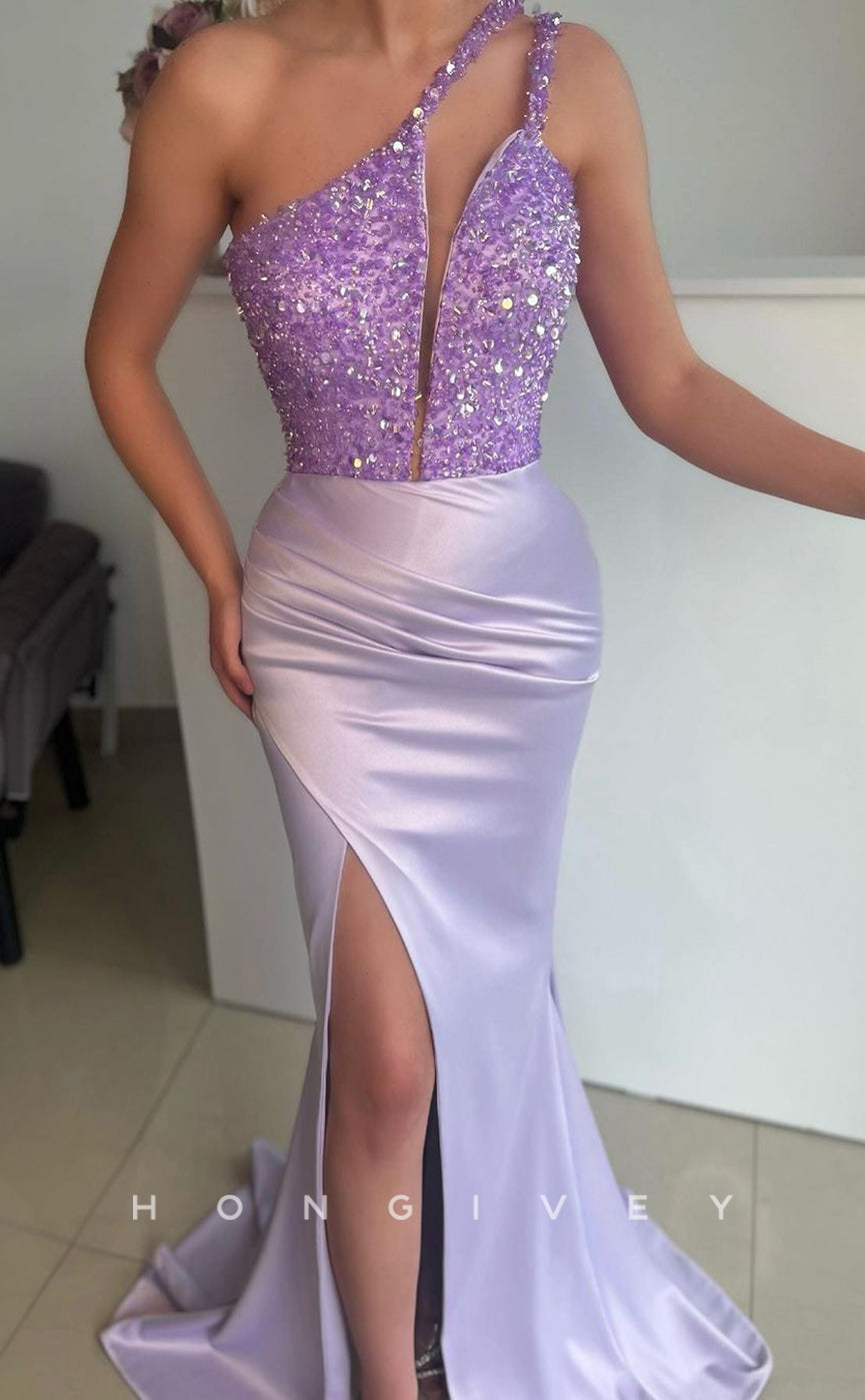 L1416 - Sexy Asymmetrical Glitter Straps Empire Ruched With Side Slit Party Prom Evening Dress - Fashionpara
