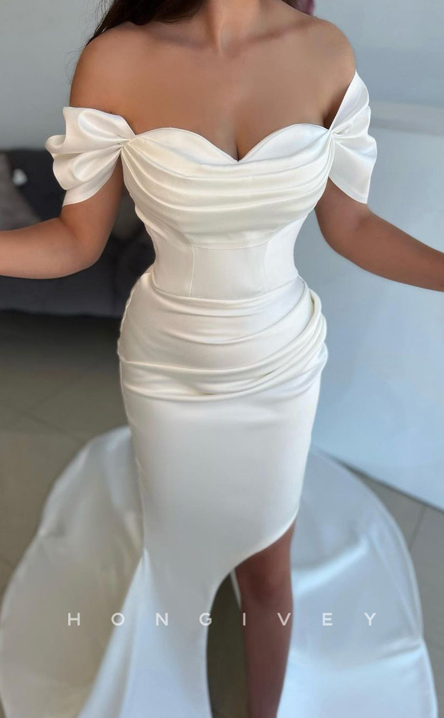 L1417 - Sexy Satin Off-Shoulder Empire Ruched Detachable Overskirt Party Prom Evening Dress - Fashionpara