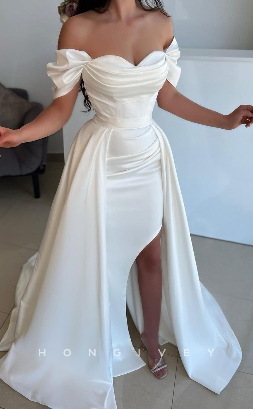 L1417 - Sexy Satin Off-Shoulder Empire Ruched Detachable Overskirt Party Prom Evening Dress - Fashionpara