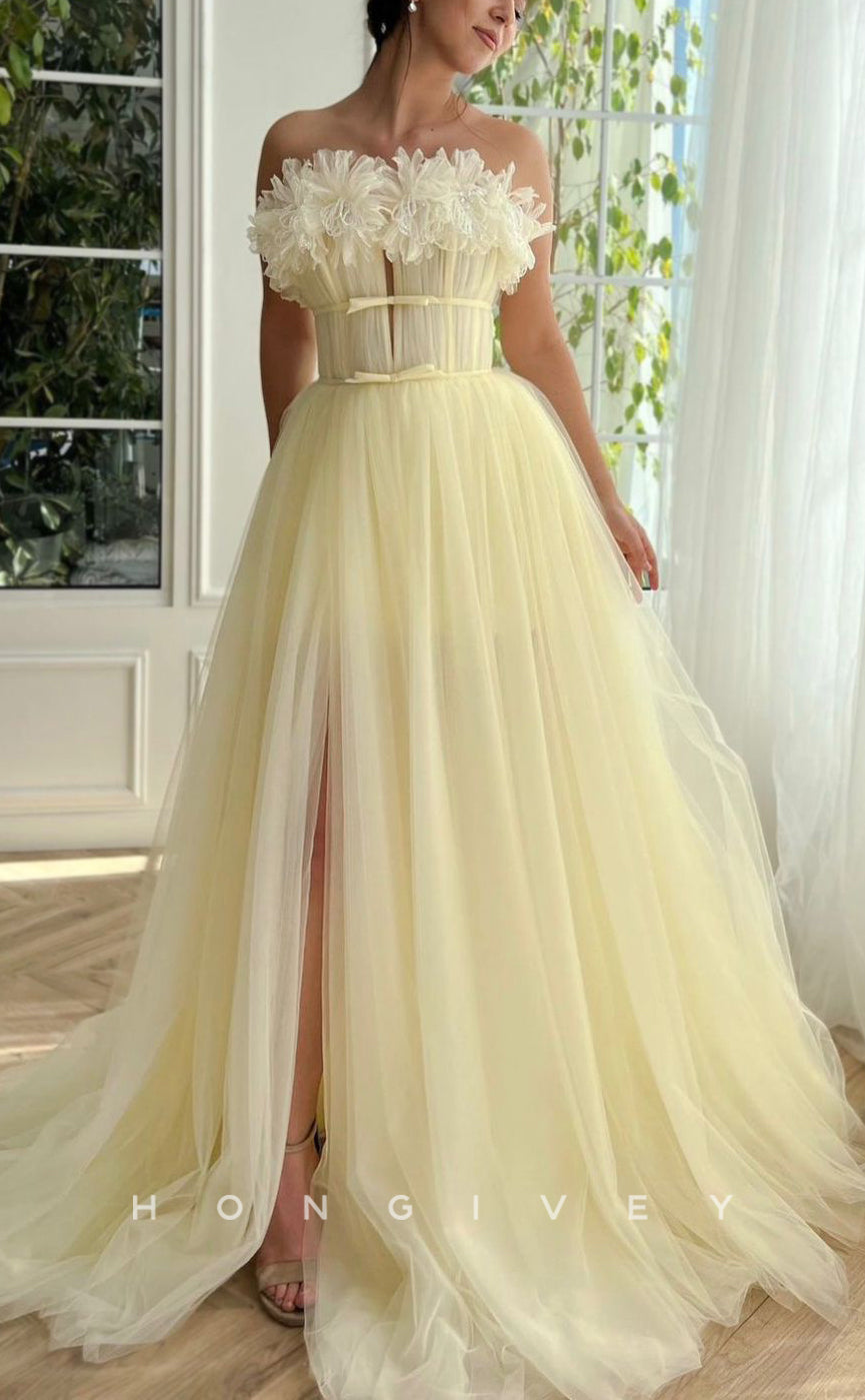 L1418 - Sexy Tulle A-Line Empire Strapless Sleeveless Floral Party Prom Evening Dress - Fashionpara