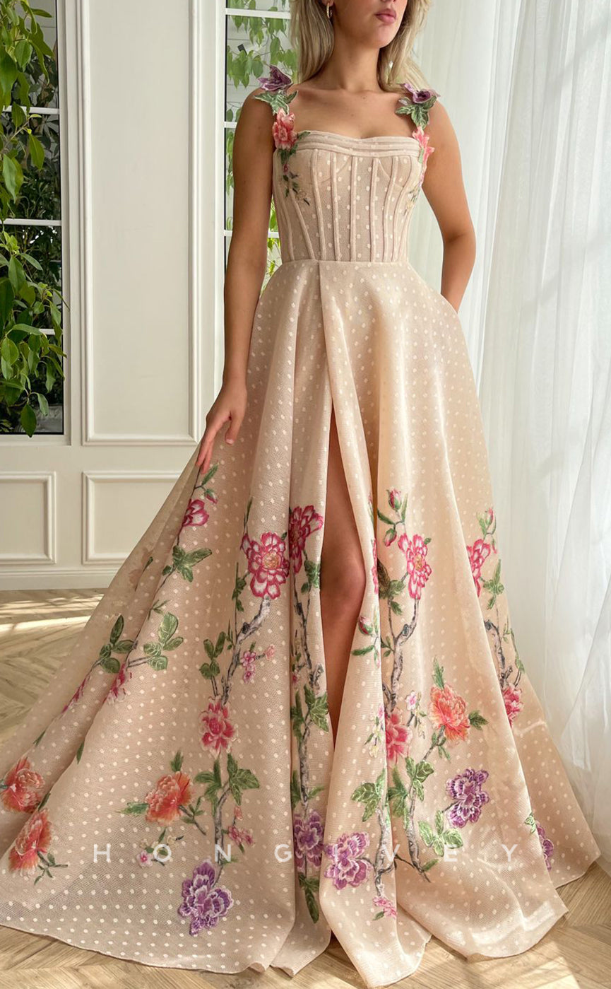 L1419 - Sexy Satin A-Line Empire Square Floral Spaghetti Straps With Side Slit Party Prom Evening Dress - Fashionpara