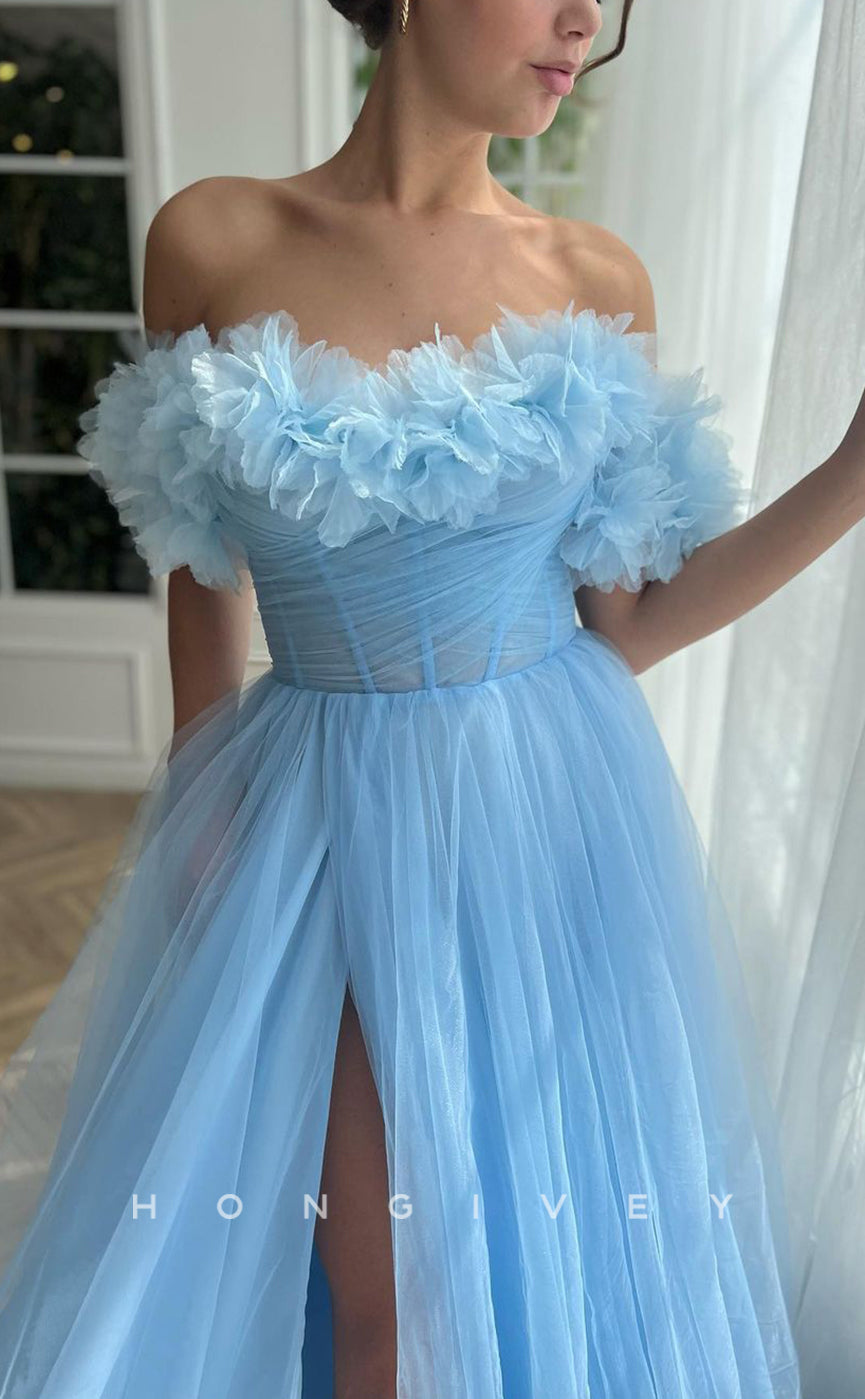 L1420 - Sexy Tulle Illusion A-Line Empire Off-Shoulder With Side Slit Party Prom Evening Dress - Fashionpara