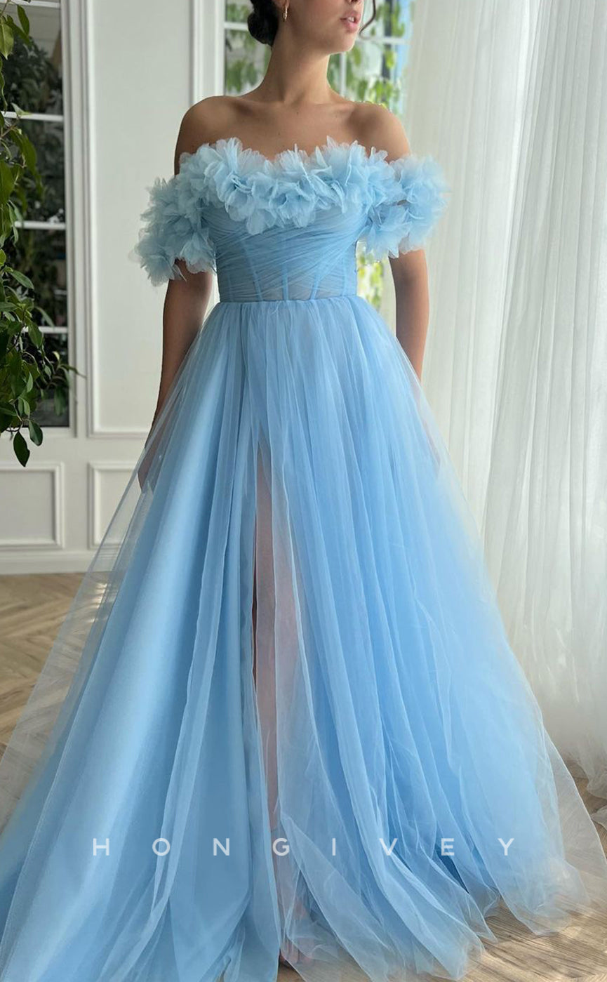 L1420 - Sexy Tulle Illusion A-Line Empire Off-Shoulder With Side Slit Party Prom Evening Dress - Fashionpara