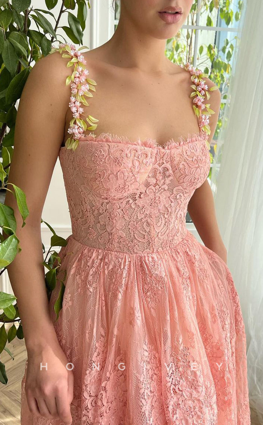 L1421 - Sexy A-Line Empire Square Floral Spaghetti Straps Illusion Party Prom Evening Dress - Fashionpara