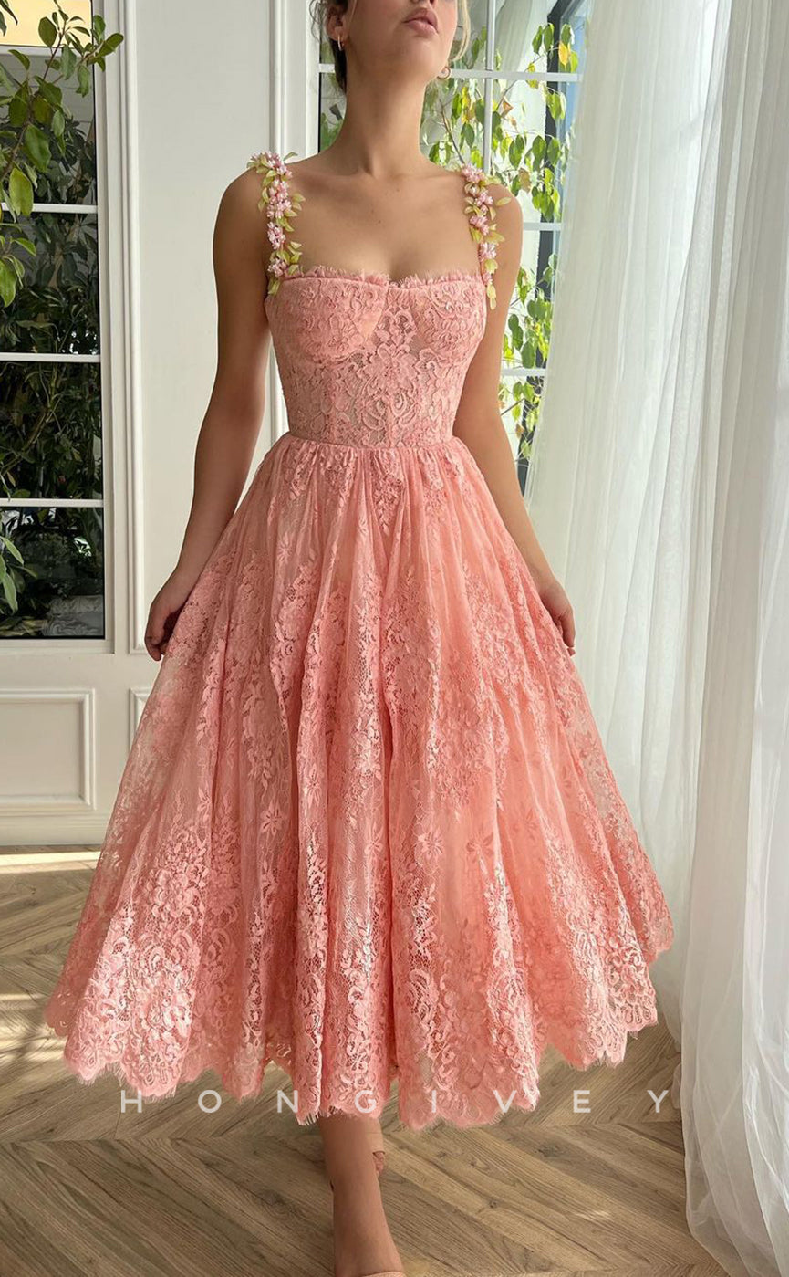 L1421 - Sexy A-Line Empire Square Floral Spaghetti Straps Illusion Party Prom Evening Dress - Fashionpara
