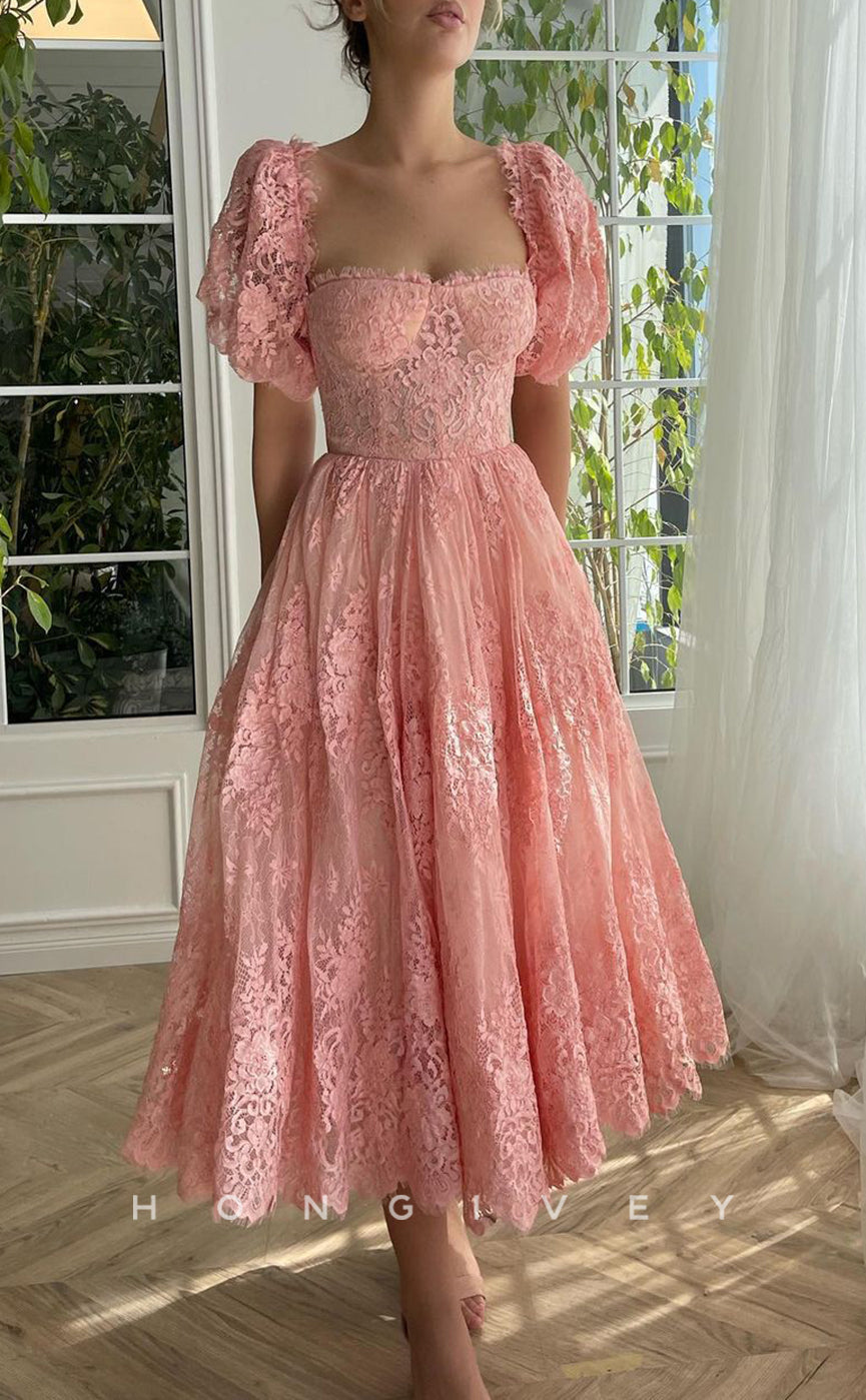 L1422 - Elegant A-Line Empire Square Short Sleeve Illusion Floral Party Prom Evening Dress - Fashionpara