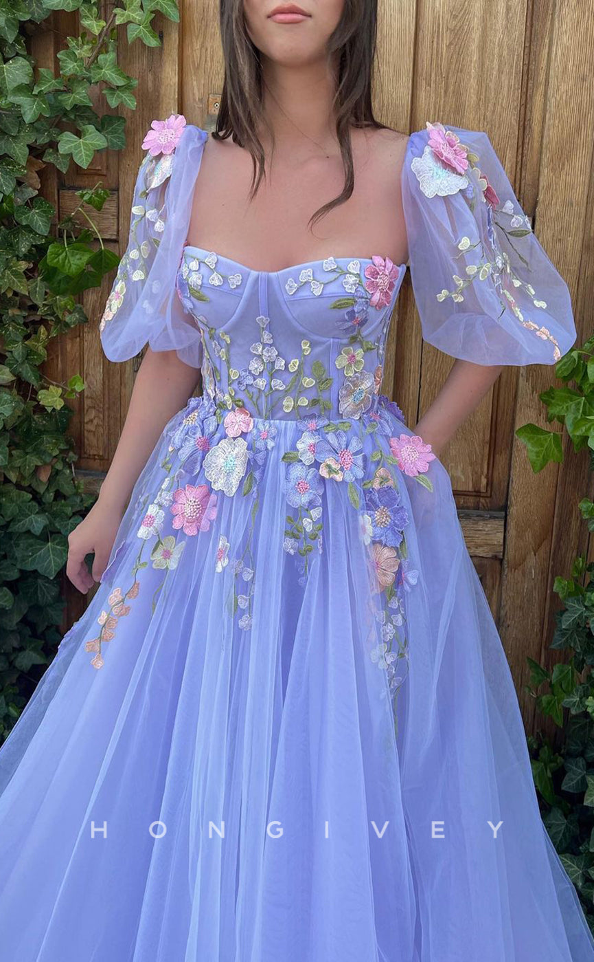 L1424 - Chic Tulle A-Line Empire Sweetheart Short Sleeve Floral Appliqued With Pockets Party Prom Evening Dress - Fashionpara