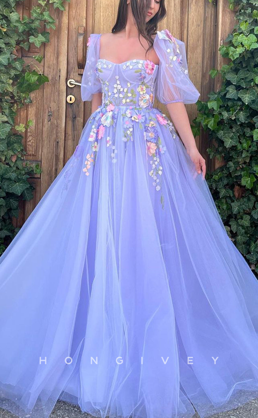 L1424 - Chic Tulle A-Line Empire Sweetheart Short Sleeve Floral Appliqued With Pockets Party Prom Evening Dress - Fashionpara