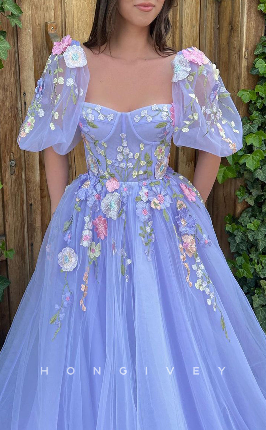 L1424 - Chic Tulle A-Line Empire Sweetheart Short Sleeve Floral Appliqued With Pockets Party Prom Evening Dress - Fashionpara