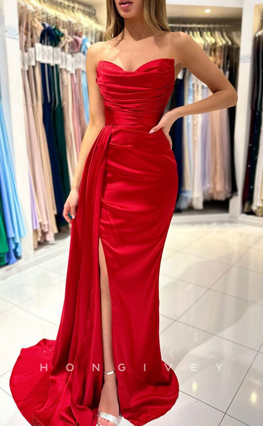 L1425 - Sexy Fitted Red V-Neck Strapless Ruched With Side Slit Train Party Prom Evening Dress - Fashionpara