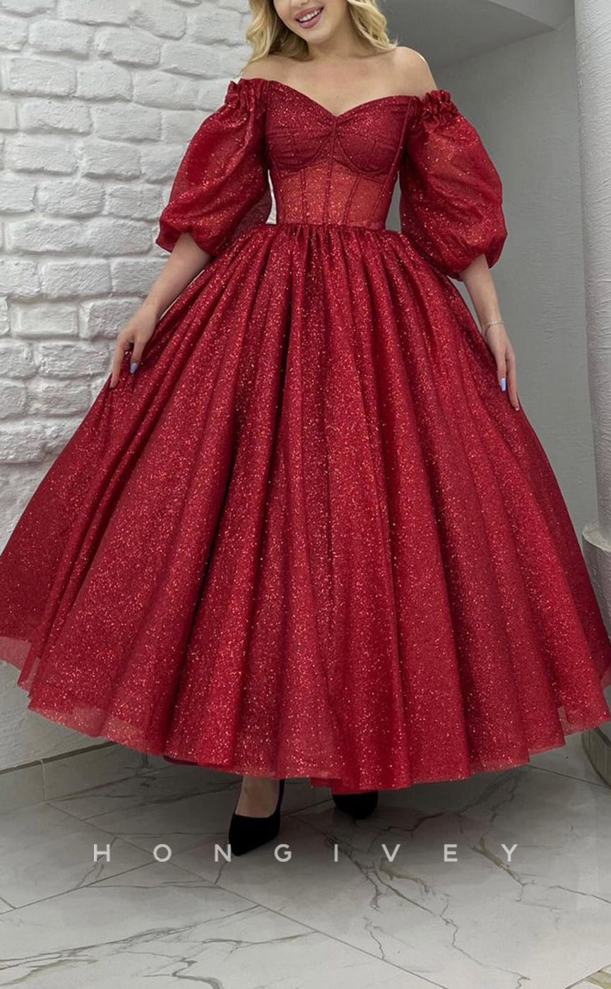 L1427 - Elegant A-Line Empire Glitter Illusion V-Neck Half Sleeves Party Prom Evening Dress - Fashionpara
