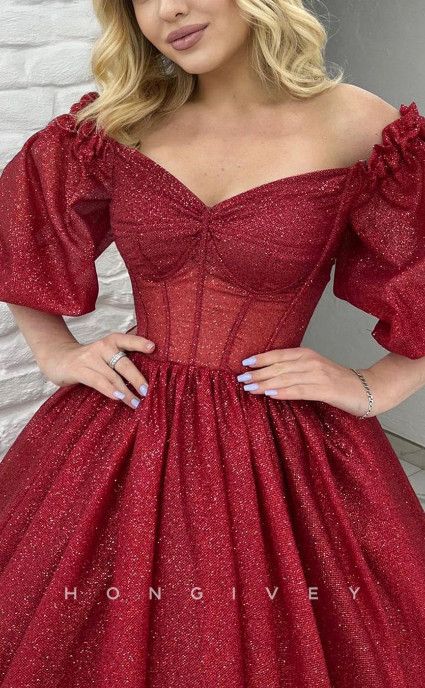 L1427 - Elegant A-Line Empire Glitter Illusion V-Neck Half Sleeves Party Prom Evening Dress - Fashionpara