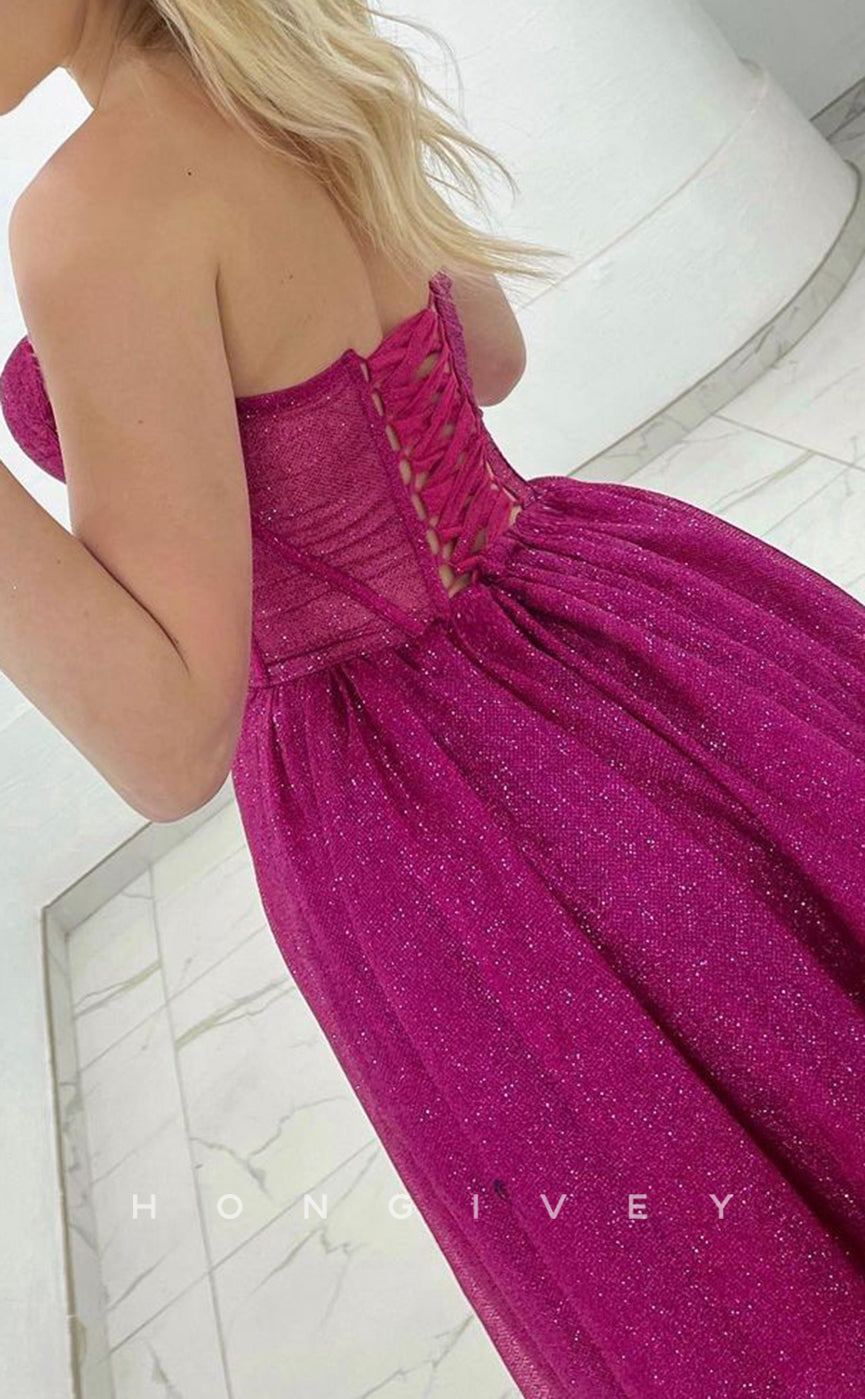 L1428 - Sexy Glitter A-Line Empire Illusion Sweetheart Strapless With Side Slit Party Prom Evening Dress - Fashionpara