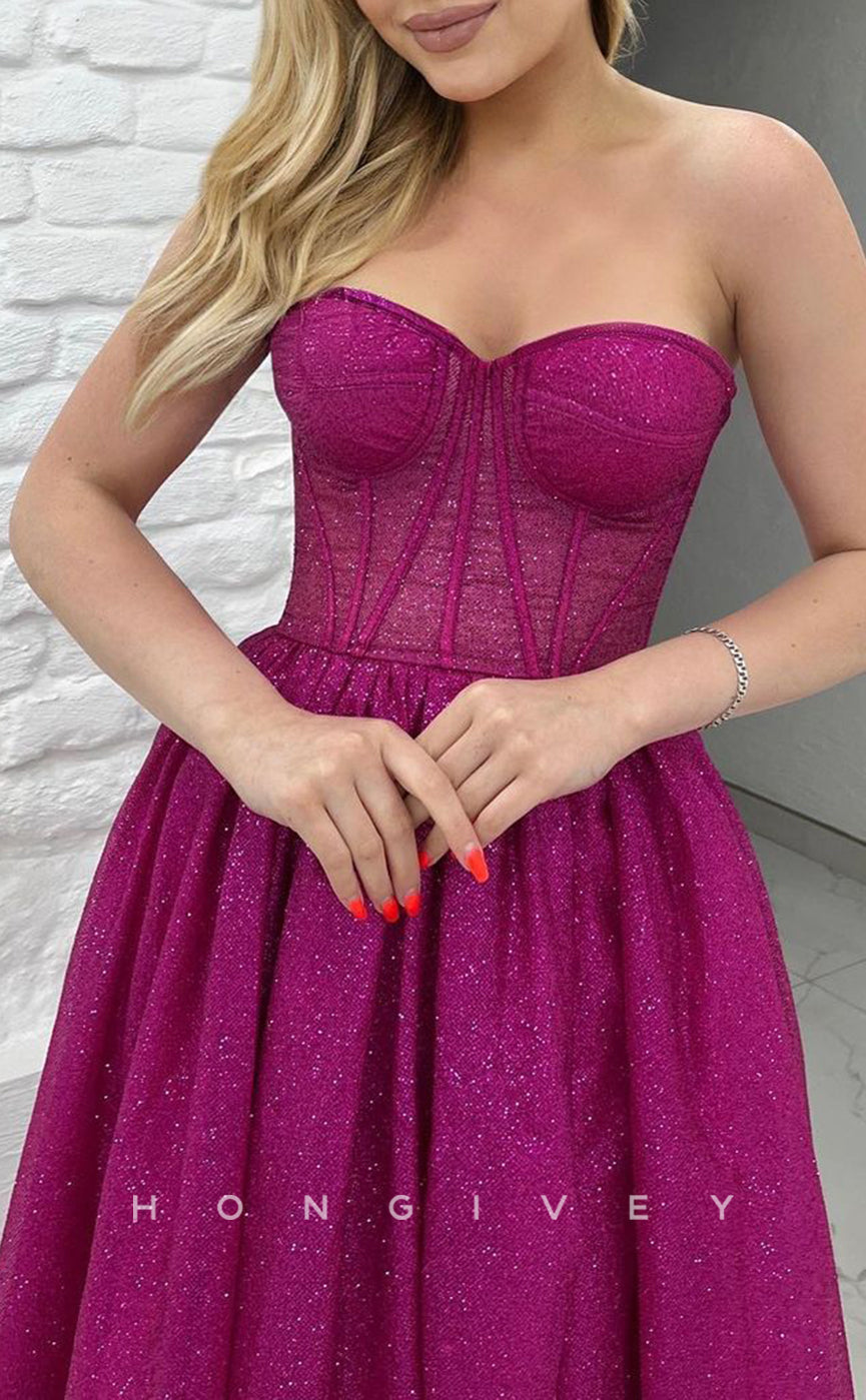L1428 - Sexy Glitter A-Line Empire Illusion Sweetheart Strapless With Side Slit Party Prom Evening Dress - Fashionpara