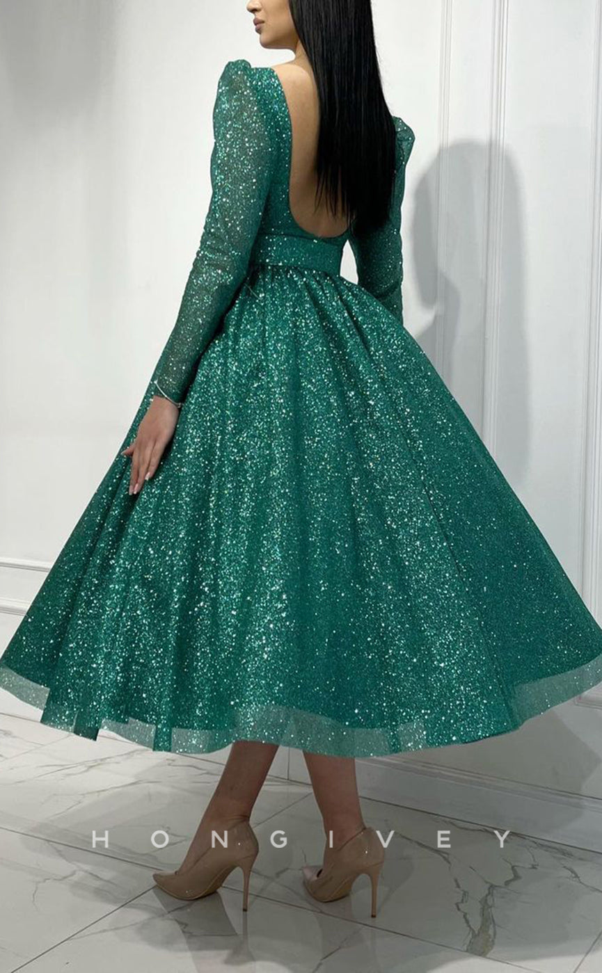 L1429 - Elegant Glitter A-Line Empire Belt Bateau Long Sleeves Party Prom Evening Dress - Fashionpara