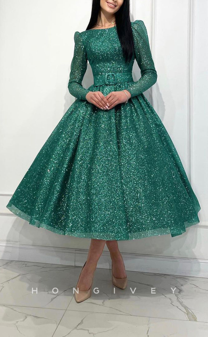L1429 - Elegant Glitter A-Line Empire Belt Bateau Long Sleeves Party Prom Evening Dress - Fashionpara