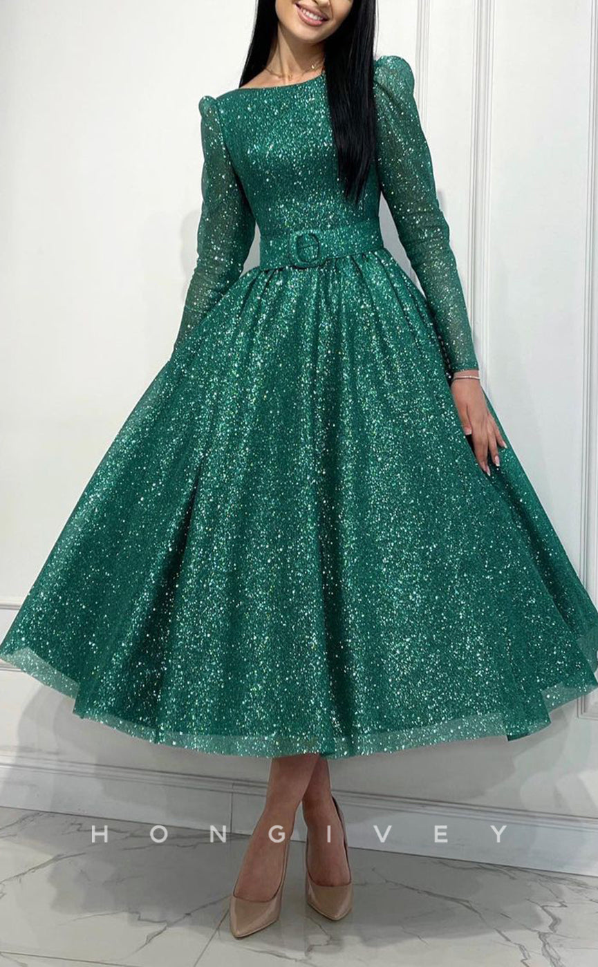 L1429 - Elegant Glitter A-Line Empire Belt Bateau Long Sleeves Party Prom Evening Dress - Fashionpara