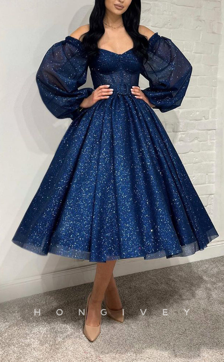 L1430 - Elegant Tulle Glitter A-Line Empire V-Neck Long Puff Sleeves Gown Illusion Party Prom Evening Dress - Fashionpara