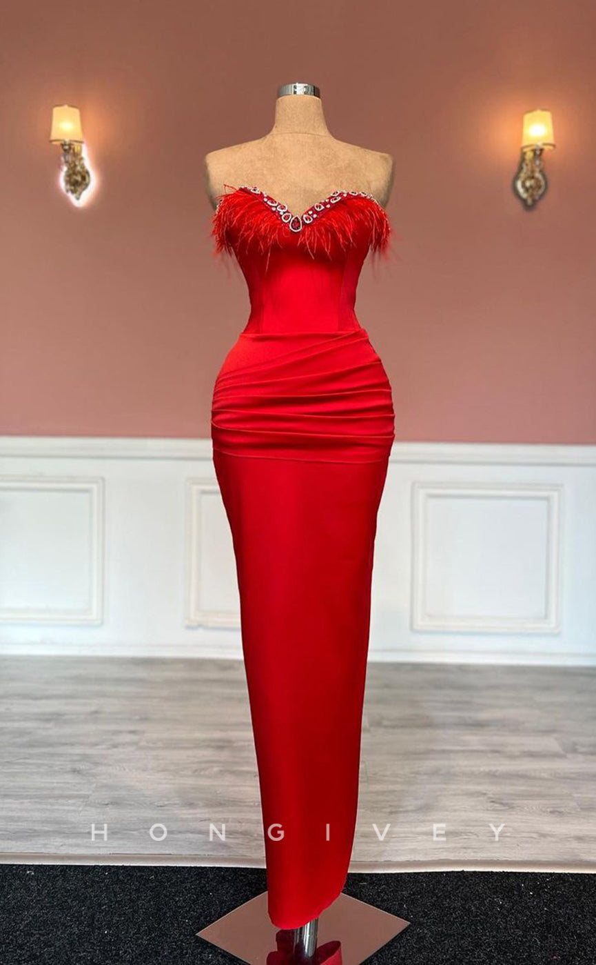 L1444 - Sexy Fitted Satin Sweetheart Feathers Sleeveless Ruched Party Prom Evening Dress - Fashionpara
