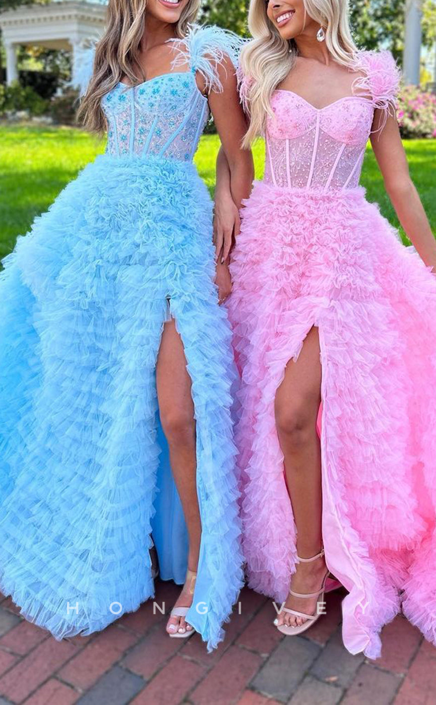 L1462 - Sexy Tulle A-Line Sweetheart Feathers Spaghetti Straps With Side Slit Party Prom Evening Dress - Fashionpara
