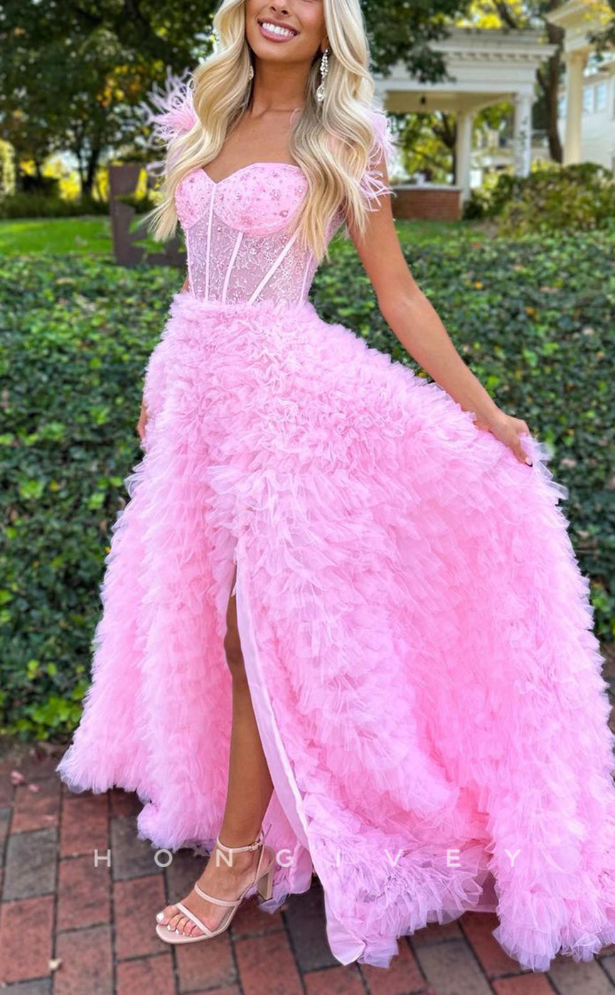 L1462 - Sexy Tulle A-Line Sweetheart Feathers Spaghetti Straps With Side Slit Party Prom Evening Dress - Fashionpara
