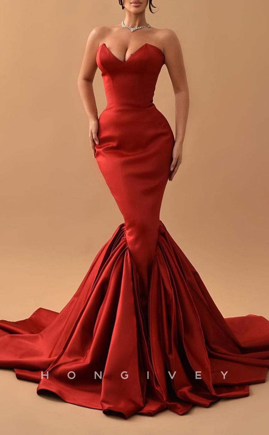 L1466 - Elegant Satin Trumpt V-Neck Strapless Empire Party Prom Evening Dress - Fashionpara
