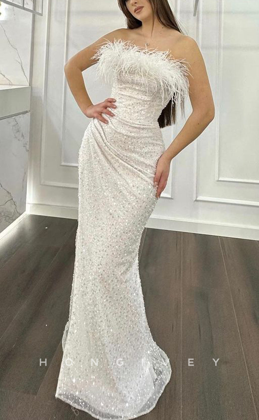 L1488 - Sexy Fitted Glitter Strapless Sleeveless Feathers Sequined Ruched Party Prom Evening Dress - Fashionpara